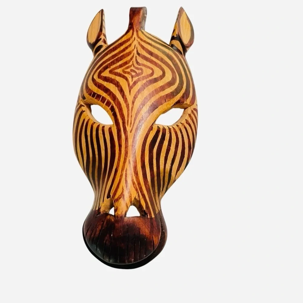 African Wooden Zebra Head Mask Painted Hand Carved Hanging Wall Art Decor - Picture 5 of 13